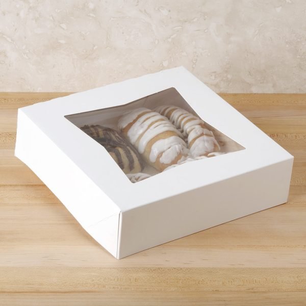 1659524 Cake Box - 9" x 9" x 2 1/2" White Auto-Popup Window Pie / Bakery Box