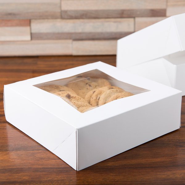 1659632 Cake Box - 8" x 8" x 2 1/2" White Auto-Popup Window Pie / Bakery Box