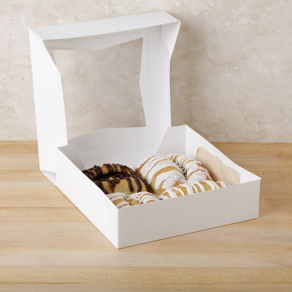 650942 Cake Box - 9" x 9" x 2 1/2" White Auto-Popup Window Pie / Bakery Box